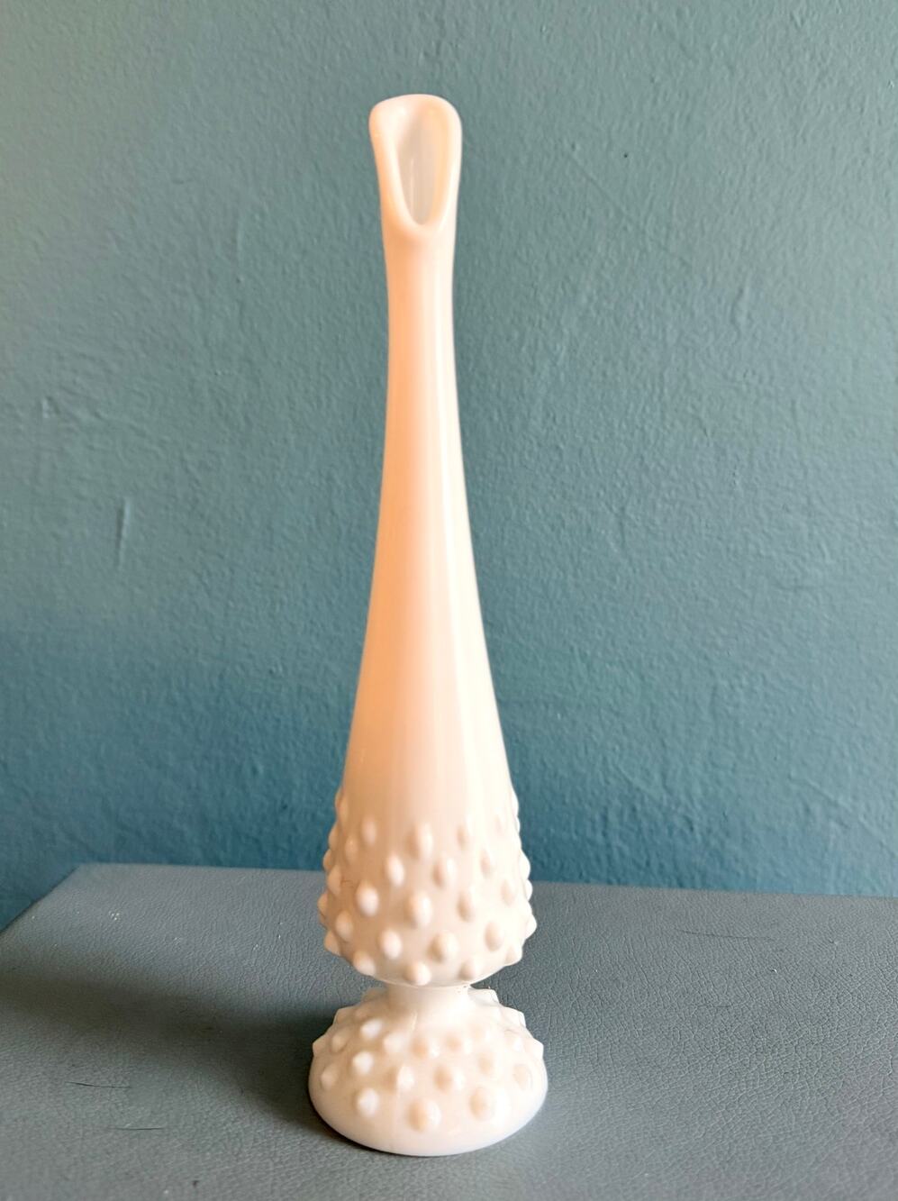 Vintage Fenton White Milk Glass Hobnail Swung Bud Vase MCM Pedestal 9.75"